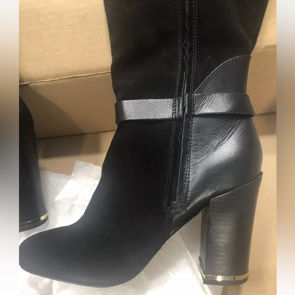 Hal Rubenstein Black Real Leather & Suede Dress Boots Gold Trim 8 NEW - Picture 3 of 6